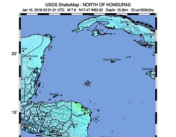 USGS ShakeMap for the January 10, 2018 M7.5 Earthquake 44km E of Great Swan Island, Honduras. (Figure from USGS.)