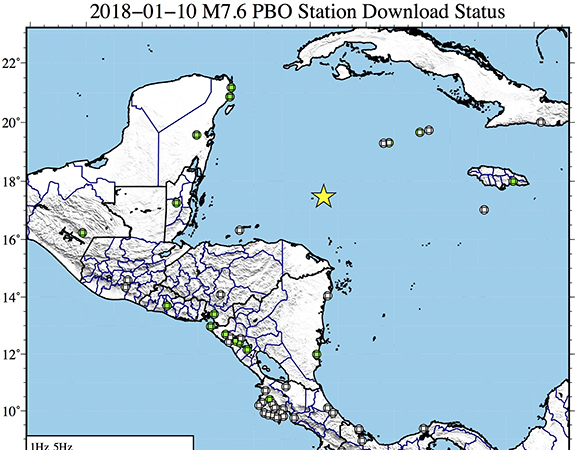 Map showing continuous GPS/GNSS stations near the epicenter (yellow star) of the January 10, 2018 M7.5 Earthquake 44km E of Great Swan Island, Honduras. UNAVCO downloaded high-rate GPS/GNSS data from 17 stations within a 350 km radius of the epicenter. (Figure by Christine Puskas, UNAVCO)