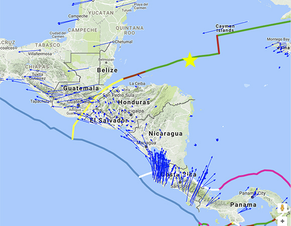 Long-term velocities (blue arrows) of GPS/GNSS stations in the region around the epicenter (yellow star) of the January 10, 2018 M7.5 Earthquake 44km E of Great Swan Island, Honduras. The scale is represented by the pink arrow in the lower left, indicating 25mm/yr. Reference frame is Caribbean plate fixed. Screenshot from the UNAVCO GPS Velocity Viewer.